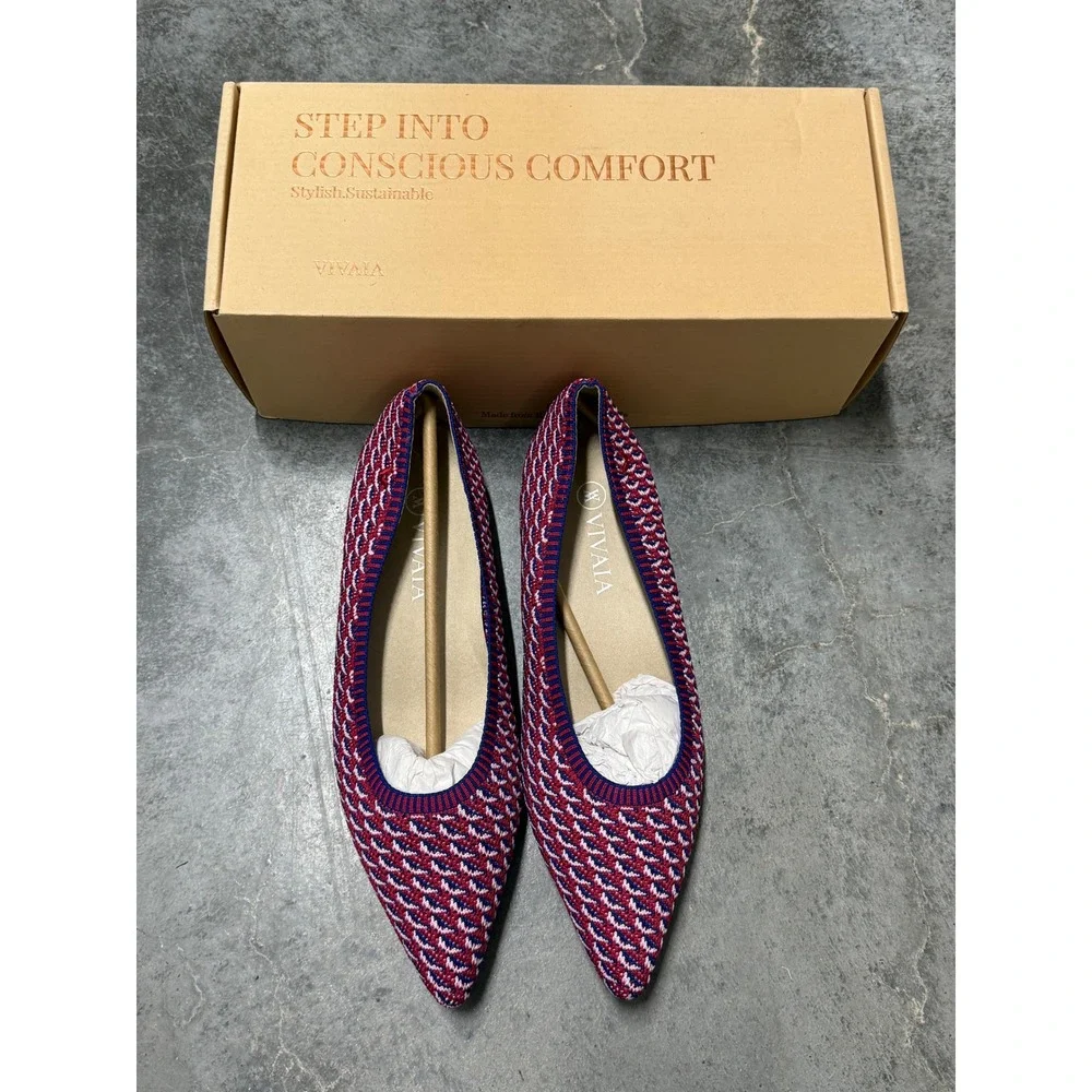 VIVAIA Aria Pointed Toe‎ Knit Flats Red Blue White Geometric Women Shoes US/ 9.5